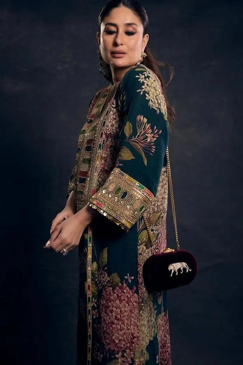 Buy 3 Pcs Women’s Unstitched Silk Printed Suit in Pakistan Heavy Embroidered Neck, Border & Dupatta – meerab.online