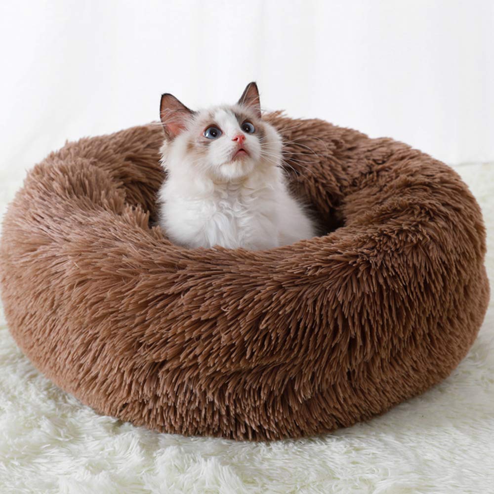 BODISEINT Modern Soft Plush Round Pet Bed for Cats or Small Dogs, Mini Medium Sized Dog Cat Bed Self Warming Autumn Winter Indoor Snooze Sleeping Cozy Kitty Teddy Kennel (20'' D x 8'' H, Light Grey)