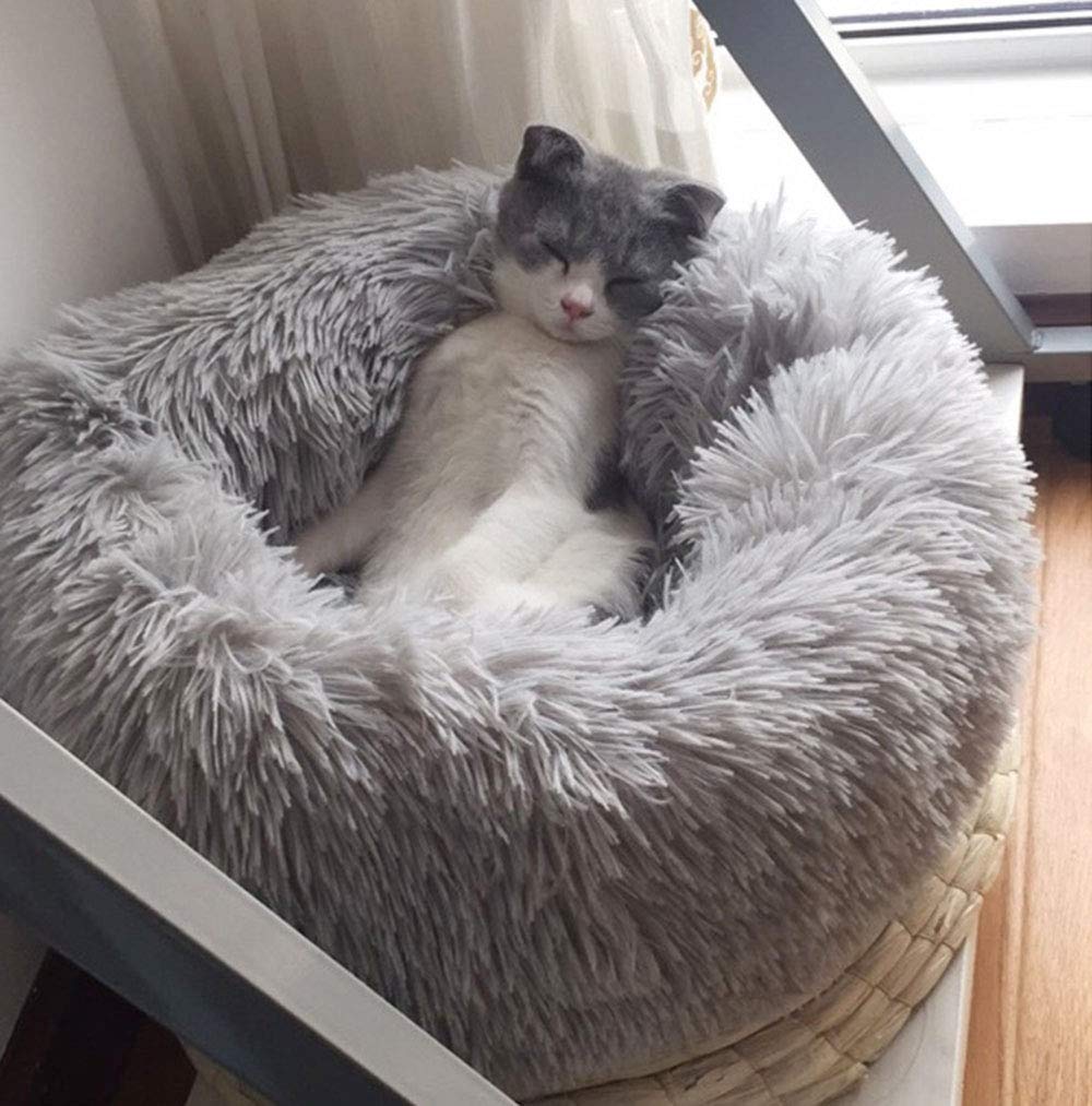 BODISEINT Modern Soft Plush Round Pet Bed for Cats or Small Dogs, Mini Medium Sized Dog Cat Bed Self Warming Autumn Winter Indoor Snooze Sleeping Cozy Kitty Teddy Kennel (20'' D x 8'' H, Light Grey)