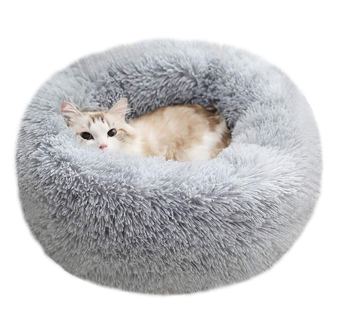 BODISEINT Modern Soft Plush Round Pet Bed for Cats or Small Dogs, Mini Medium Sized Dog Cat Bed Self Warming Autumn Winter Indoor Snooze Sleeping Cozy Kitty Teddy Kennel (20'' D x 8'' H, Light Grey)