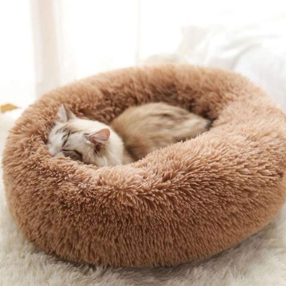 BODISEINT Modern Soft Plush Round Pet Bed for Cats or Small Dogs, Mini Medium Sized Dog Cat Bed Self Warming Autumn Winter Indoor Snooze Sleeping Cozy Kitty Teddy Kennel (20'' D x 8'' H, Light Grey)