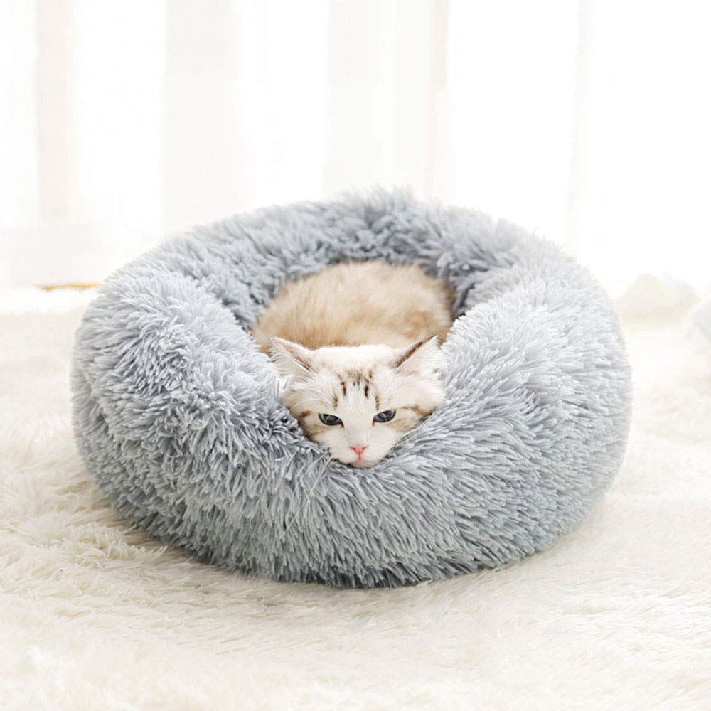 BODISEINT Modern Soft Plush Round Pet Bed for Cats or Small Dogs, Mini Medium Sized Dog Cat Bed Self Warming Autumn Winter Indoor Snooze Sleeping Cozy Kitty Teddy Kennel (20'' D x 8'' H, Light Grey)