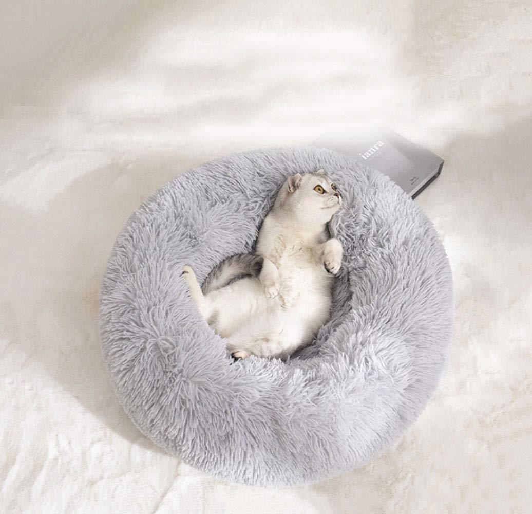 BODISEINT Modern Soft Plush Round Pet Bed for Cats or Small Dogs, Mini Medium Sized Dog Cat Bed Self Warming Autumn Winter Indoor Snooze Sleeping Cozy Kitty Teddy Kennel (20'' D x 8'' H, Light Grey)