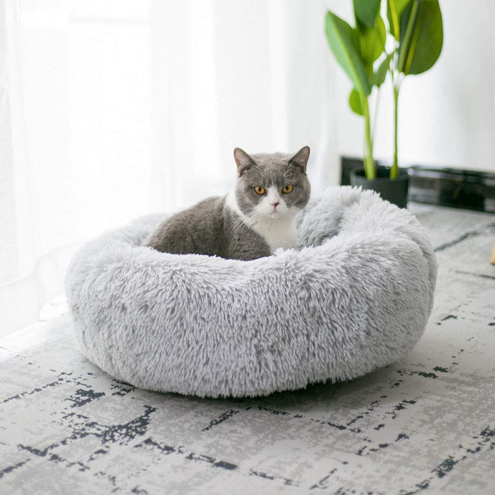 BODISEINT Modern Soft Plush Round Pet Bed for Cats or Small Dogs, Mini Medium Sized Dog Cat Bed Self Warming Autumn Winter Indoor Snooze Sleeping Cozy Kitty Teddy Kennel (20'' D x 8'' H, Light Grey)