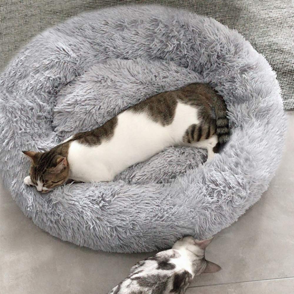 BODISEINT Modern Soft Plush Round Pet Bed for Cats or Small Dogs, Mini Medium Sized Dog Cat Bed Self Warming Autumn Winter Indoor Snooze Sleeping Cozy Kitty Teddy Kennel (20'' D x 8'' H, Light Grey)