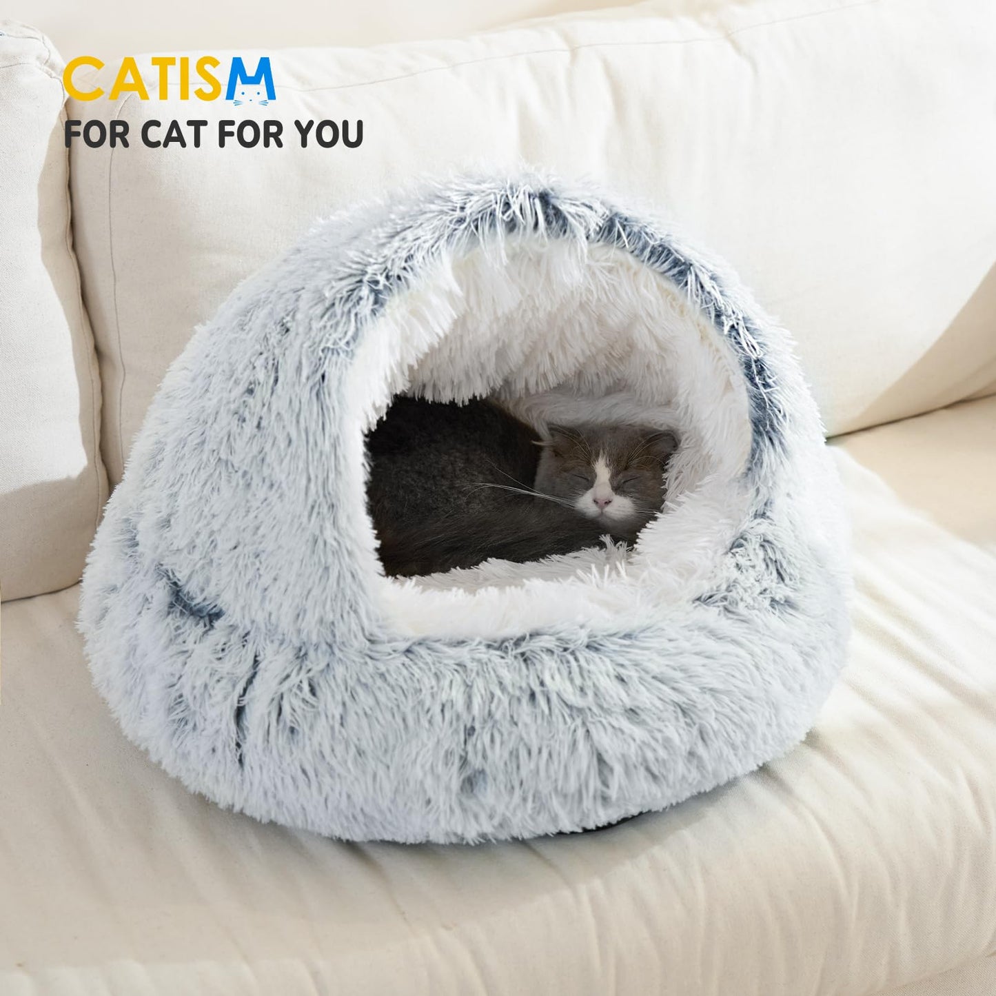 CATISM Cat Bed, Plush Hooded Cat Beds for Indoor Cats, Self Warming Cats Beds Cave, Cozy Pod for Indoor Kitten or Small Dog, Removable Washable with Non-Slip Bottom