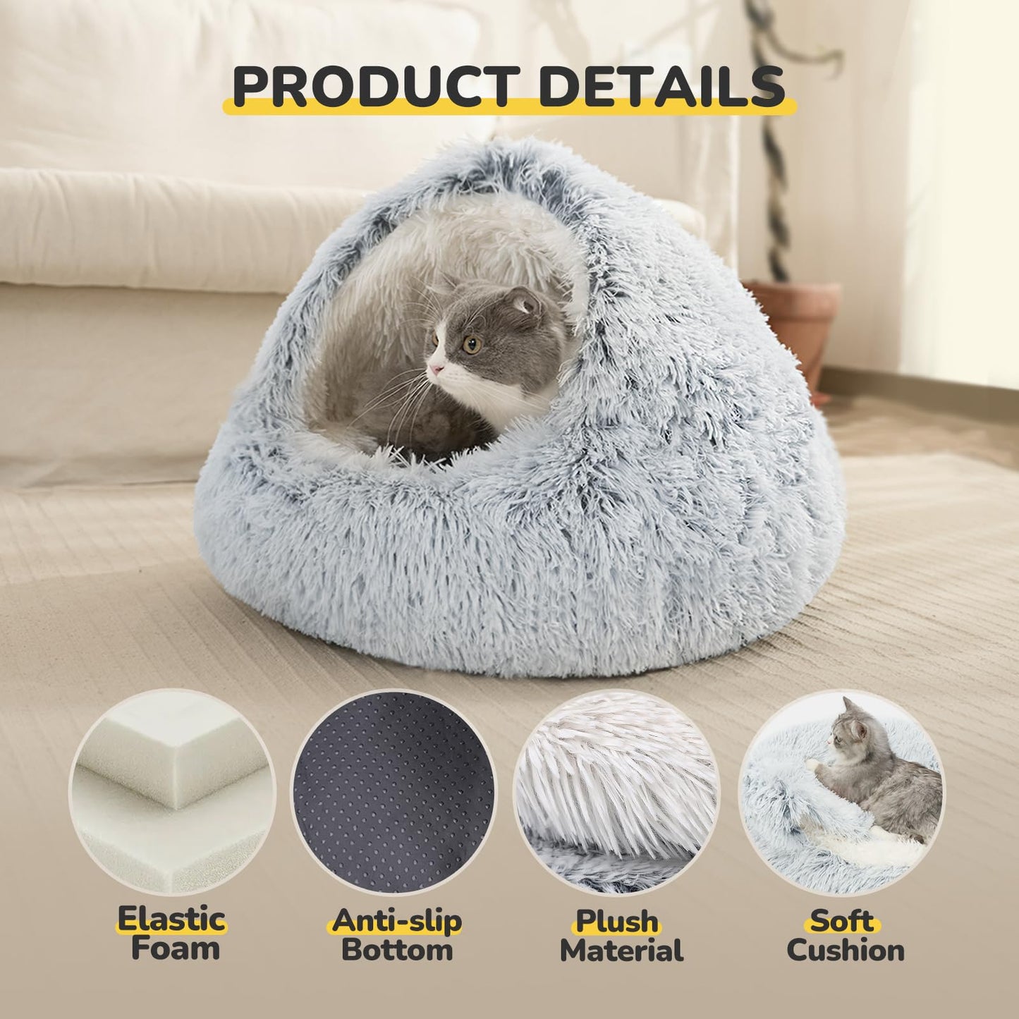 CATISM Cat Bed, Plush Hooded Cat Beds for Indoor Cats, Self Warming Cats Beds Cave, Cozy Pod for Indoor Kitten or Small Dog, Removable Washable with Non-Slip Bottom