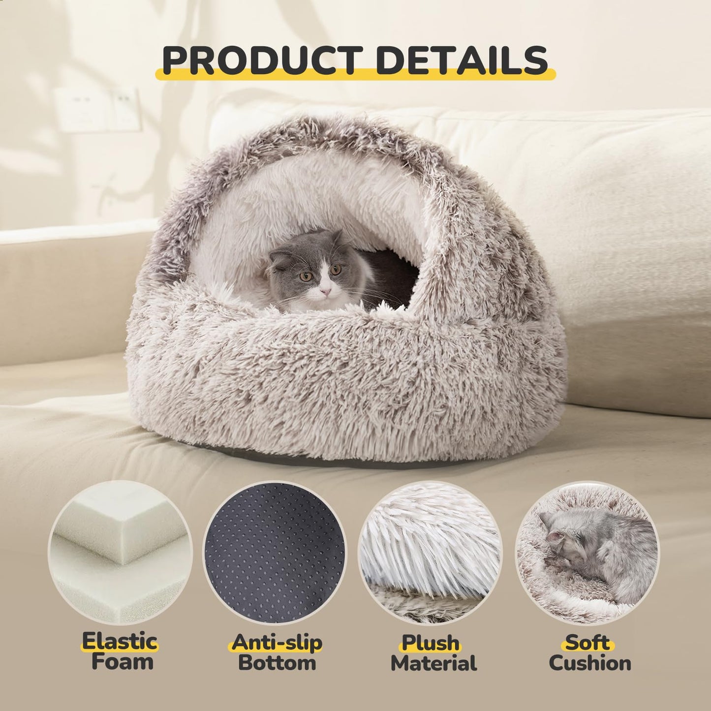 CATISM Cat Bed, Plush Hooded Cat Beds for Indoor Cats, Self Warming Cats Beds Cave, Cozy Pod for Indoor Kitten or Small Dog, Removable Washable with Non-Slip Bottom