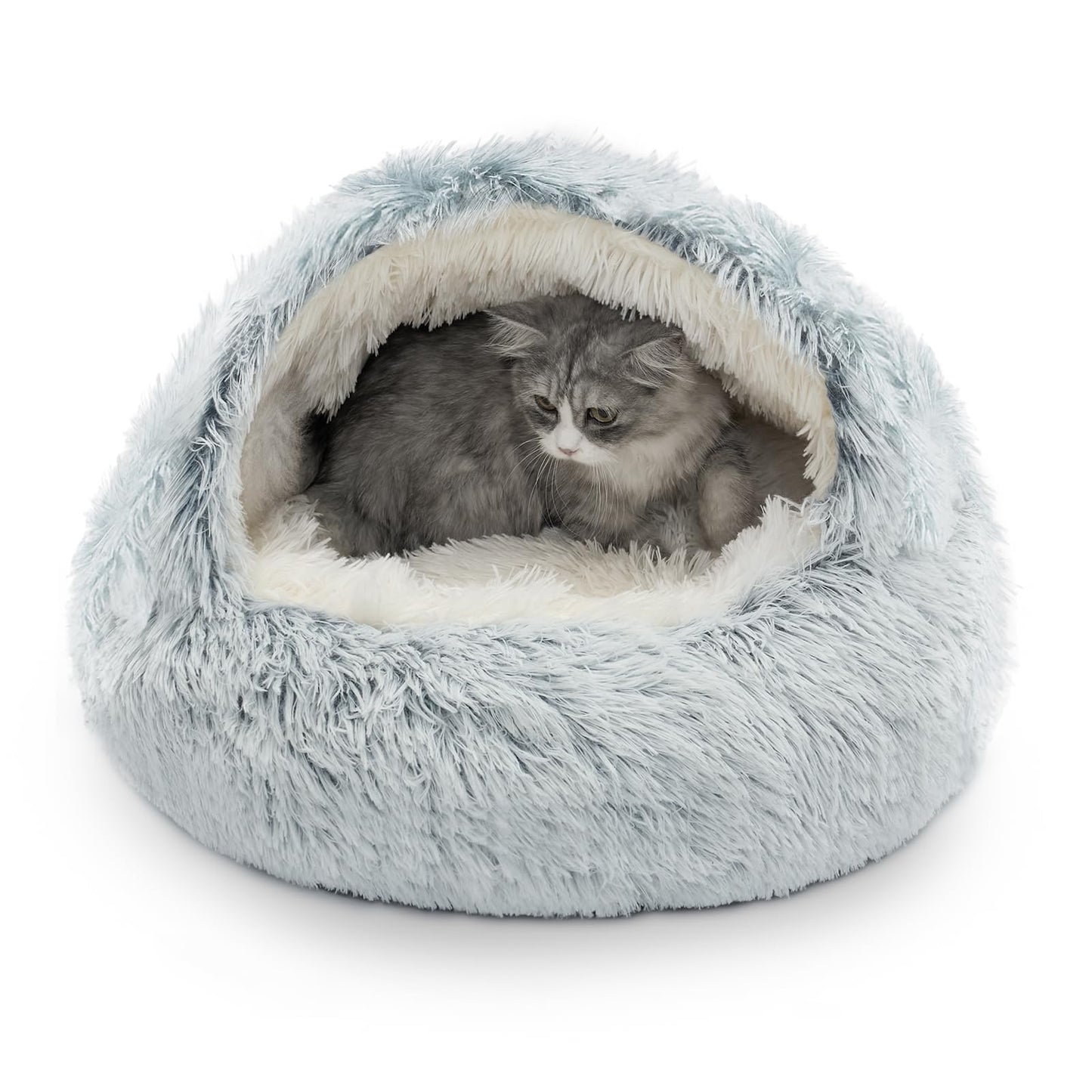 CATISM Cat Bed, Plush Hooded Cat Beds for Indoor Cats, Self Warming Cats Beds Cave, Cozy Pod for Indoor Kitten or Small Dog, Removable Washable with Non-Slip Bottom