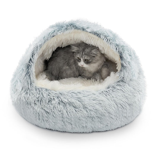 CATISM Cat Bed, Plush Hooded Cat Beds for Indoor Cats, Self Warming Cats Beds Cave, Cozy Pod for Indoor Kitten or Small Dog, Removable Washable with Non-Slip Bottom