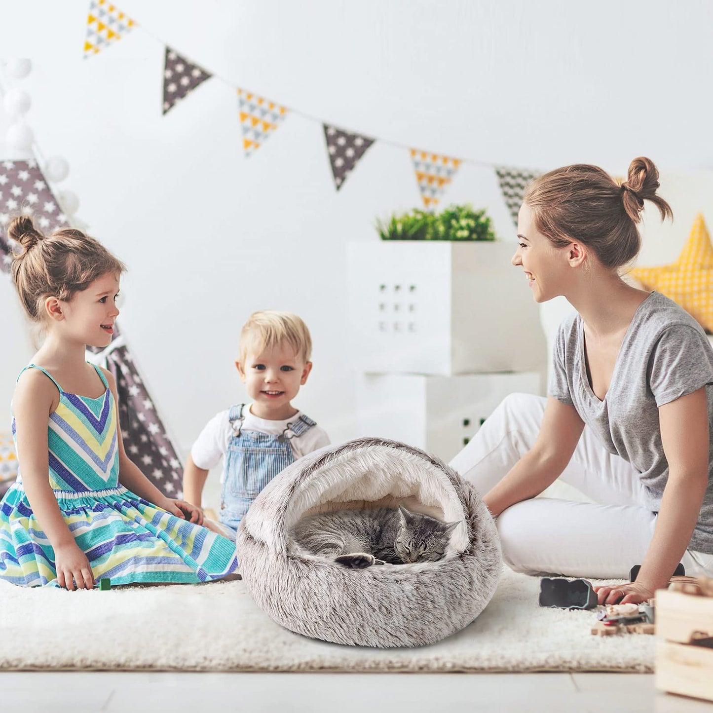 CATISM Cat Bed, Plush Hooded Cat Beds for Indoor Cats, Self Warming Cats Beds Cave, Cozy Pod for Indoor Kitten or Small Dog, Removable Washable with Non-Slip Bottom