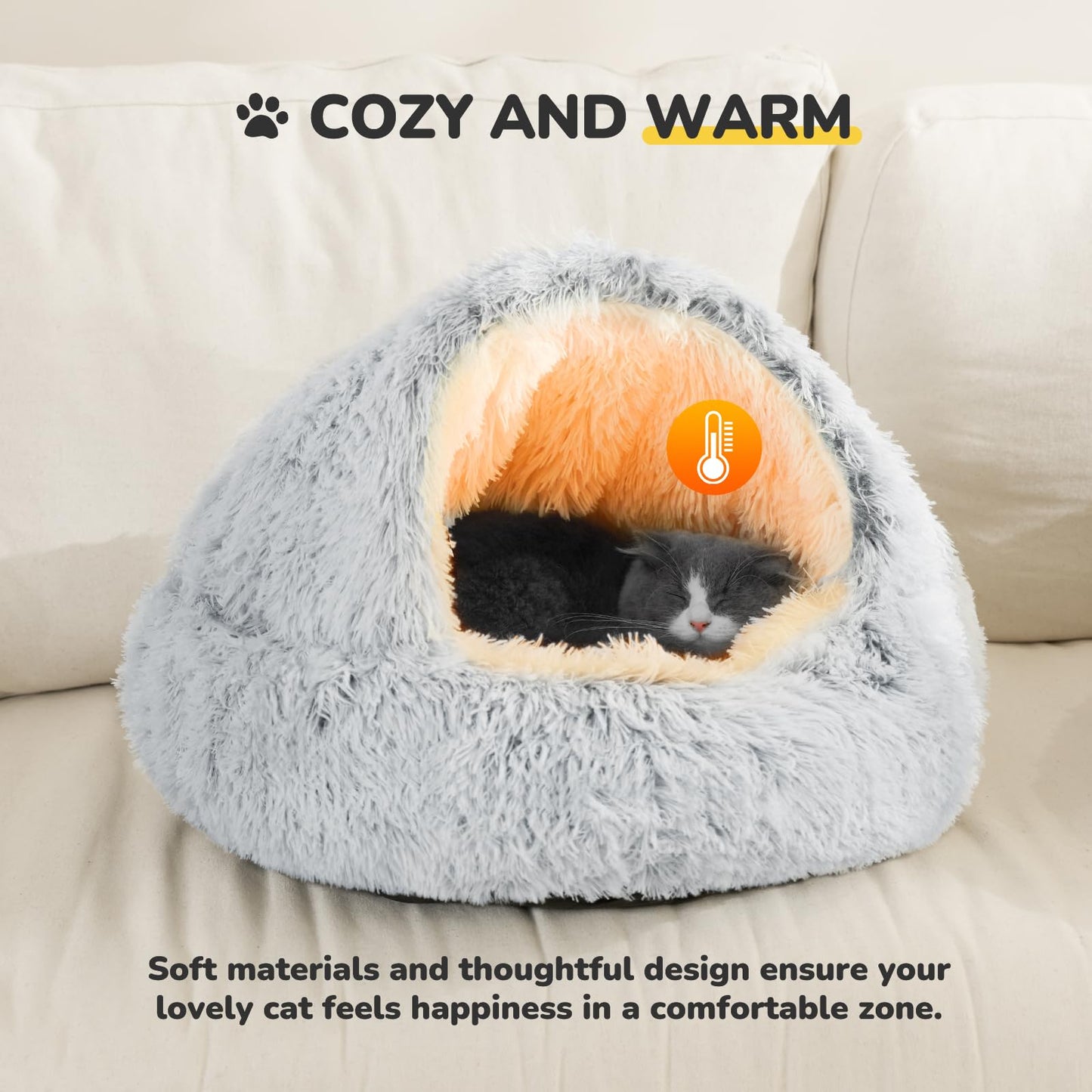 CATISM Cat Bed, Plush Hooded Cat Beds for Indoor Cats, Self Warming Cats Beds Cave, Cozy Pod for Indoor Kitten or Small Dog, Removable Washable with Non-Slip Bottom
