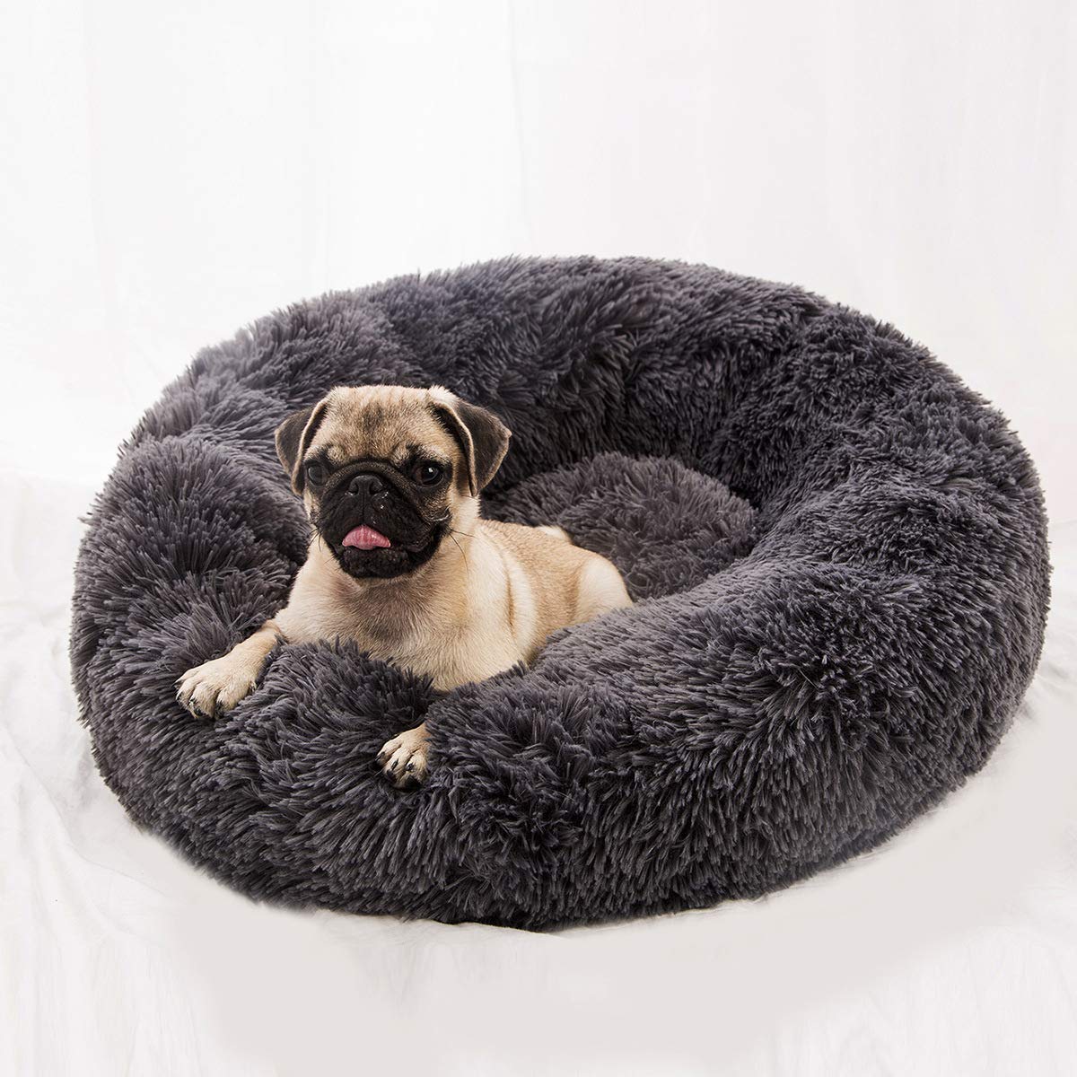 BODISEINT Modern Soft Plush Round Pet Bed for Cats or Small Dogs, Mini Medium Sized Dog Cat Bed Self Warming Autumn Winter Indoor Snooze Sleeping Cozy Kitty Teddy Kennel (20'' D x 8'' H, Light Grey)