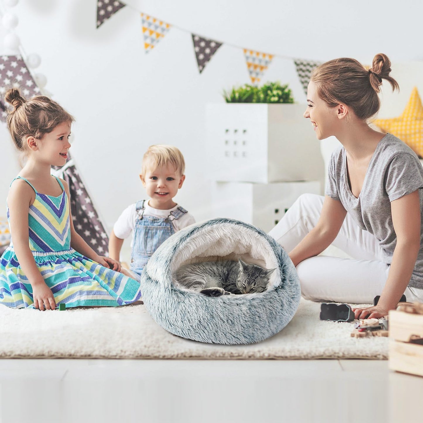 CATISM Cat Bed, Plush Hooded Cat Beds for Indoor Cats, Self Warming Cats Beds Cave, Cozy Pod for Indoor Kitten or Small Dog, Removable Washable with Non-Slip Bottom