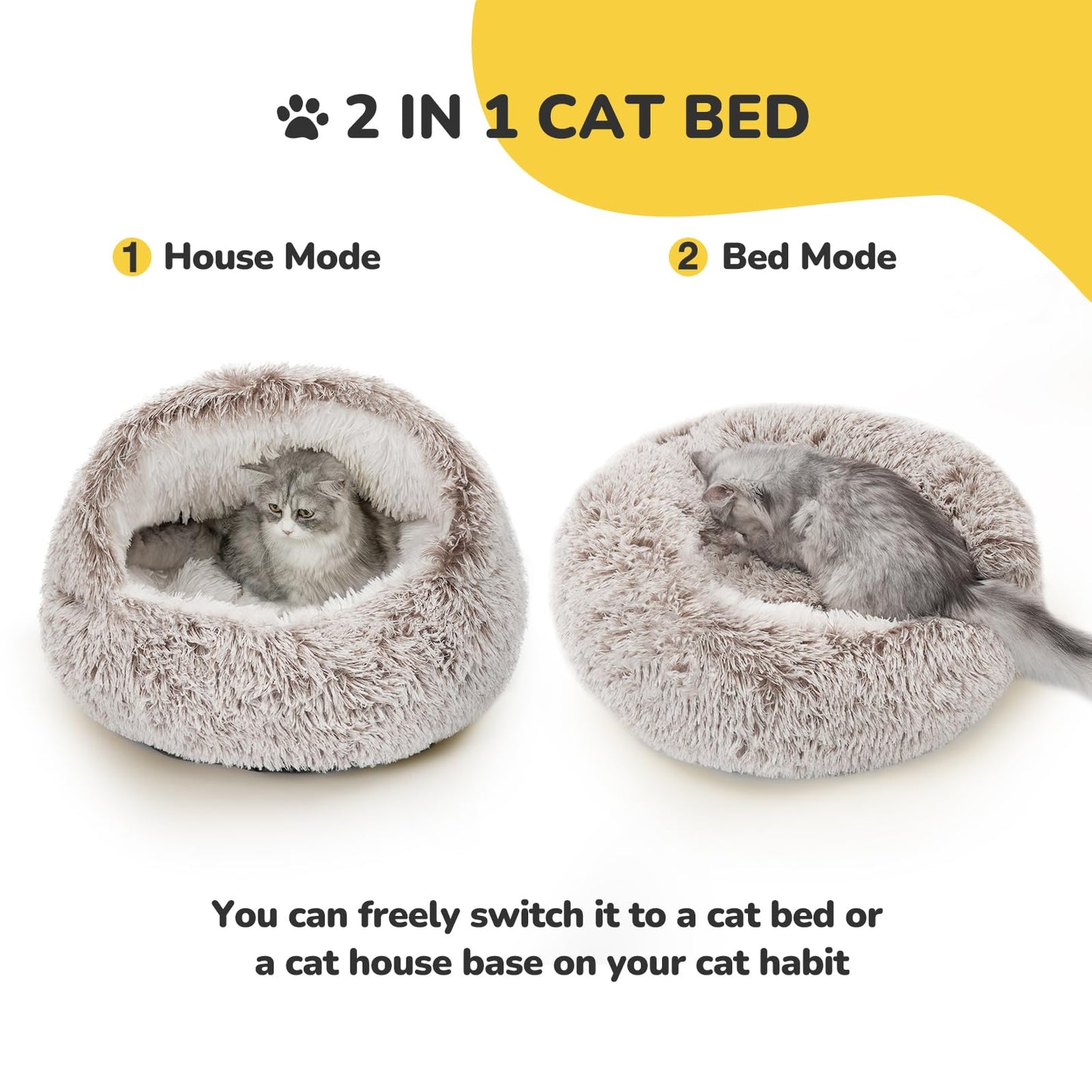 CATISM Cat Bed, Plush Hooded Cat Beds for Indoor Cats, Self Warming Cats Beds Cave, Cozy Pod for Indoor Kitten or Small Dog, Removable Washable with Non-Slip Bottom