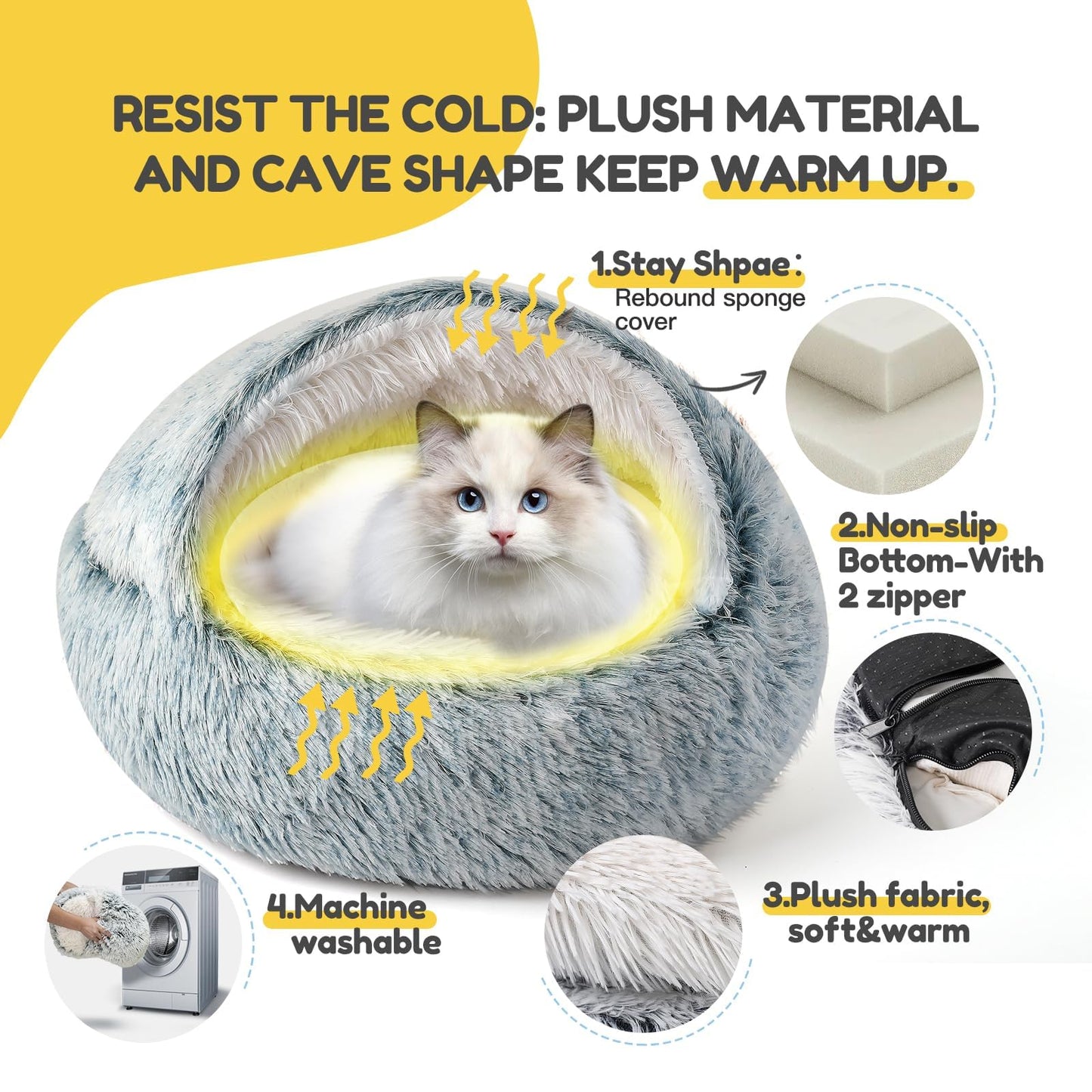 CATISM Cat Bed, Plush Hooded Cat Beds for Indoor Cats, Self Warming Cats Beds Cave, Cozy Pod for Indoor Kitten or Small Dog, Removable Washable with Non-Slip Bottom