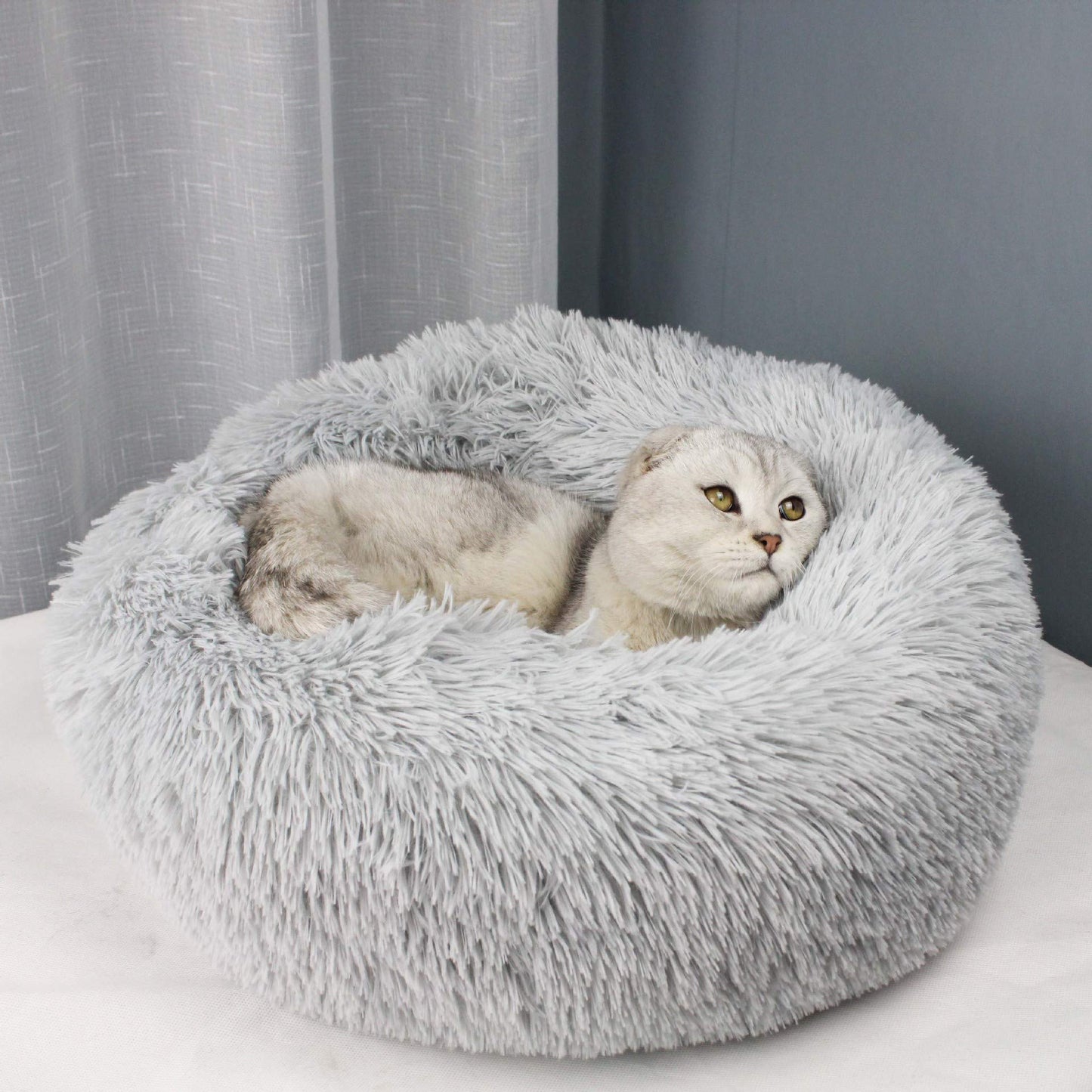 BODISEINT Modern Soft Plush Round Pet Bed for Cats or Small Dogs, Mini Medium Sized Dog Cat Bed Self Warming Autumn Winter Indoor Snooze Sleeping Cozy Kitty Teddy Kennel (20'' D x 8'' H, Light Grey)