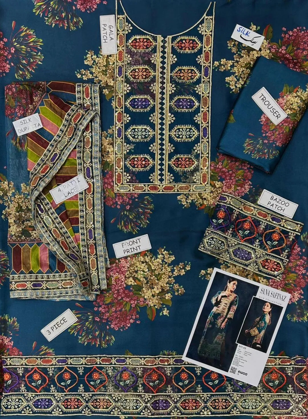 Buy 3 Pcs Women’s Unstitched Silk Printed Suit in Pakistan  Heavy Embroidered Neck, Border & Dupatta – meerab.online